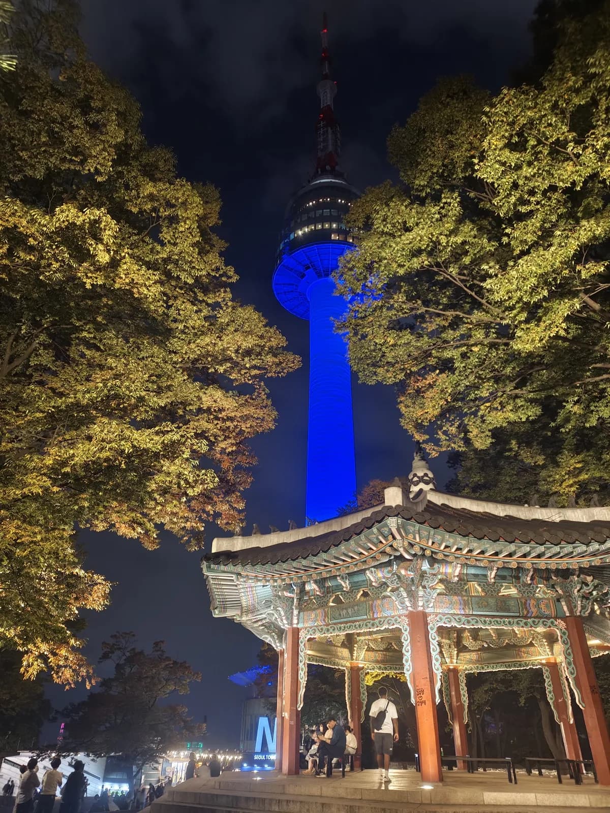 La N Seoul Tower iluminada de azul detrás de un pabellón tradicional